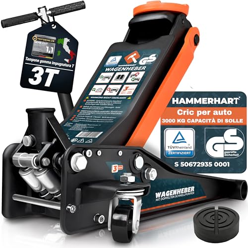 Cric per auto 3T | Sollevatore auto certificato TÜV con altezza di sollevamento di 75-505 mm | Cric idraulico premium con ruote a 360° e doppio pistone | Cric auto supporto in gomma e impugnatura a T