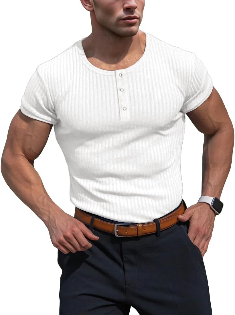 Men's Cotton Muscle Henley Shirts Slim Fit Long & Short Sleeve T-Shirt Stretchy Casual Stylish Ribbed Tee