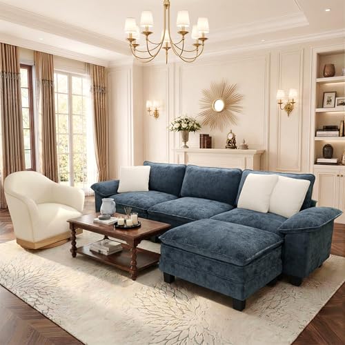 Image of PHI VILLA Cloud Modular Couch Sets with Swivel Accent Chair, 123.6 inch Sectional Sofa with L-Shaped Chaise, 4-Seater Couches with Ottoman for Living Room, Chenille Dark Cyan Sofa & Corduroy Beige Chair