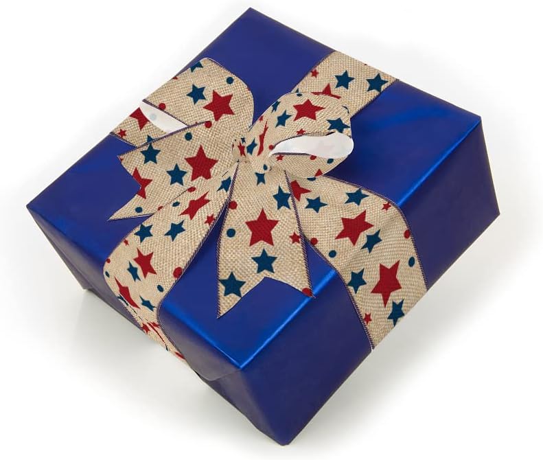 Patriotic Fabric Ribbons 4th of July Decor Ribbon Patriotic Spots Stars Edge Wired Burlap Linen Ribbons for Labor Day Independence Day Gift Wrapping Party Decoration Crafts Supplies 10 Yards