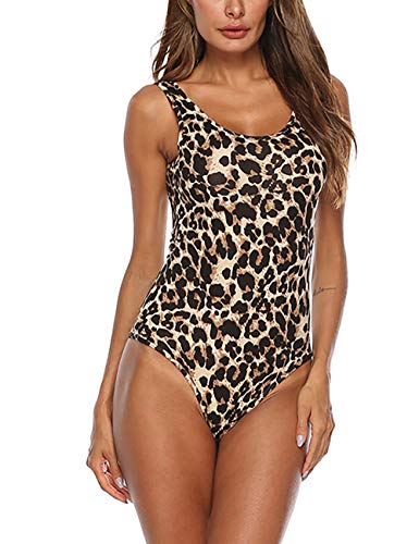Queen.M Women's Sexy Bodysuit Leopard Snake Skin Leotard Tank Top Sleeveless Scoop Neck Bodycon Jumpsuit Onesie Romper (Leopard, XS)
