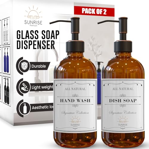 Image of Sunrise Premium 2 Pack Amber Glass Soap Dispenser 16 OZ with Oil Rubbed Bronze Stainless Steel Pump, Hand and Dish Soap Dispenser Set for Bathroom and Kitchen Sink with 6 Waterproof Labels