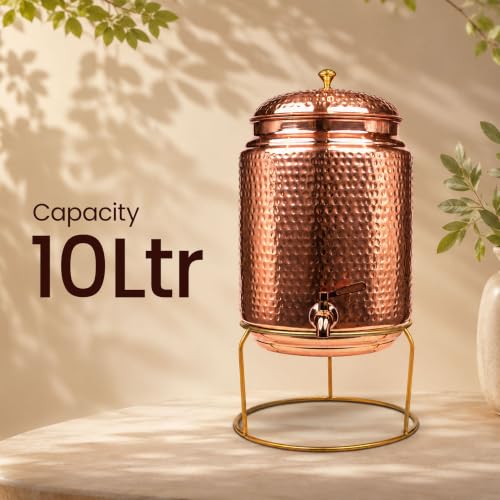Image of Artarium Pure Copper Water Dispenser 10 Litre with Tap, Handcrafted Hammered Copper Water Storage Container, Ayurvedic Water Dispenser for Home, Office, Kitchen & Wellness Centre