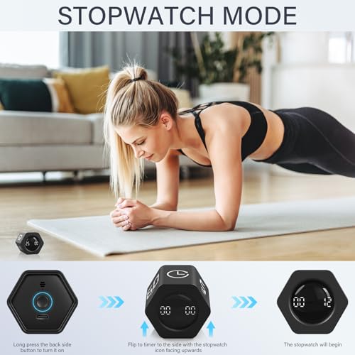 Image of Rotating Pomodoro Timer 5, 25, 10 30,60 Mins Preset Stopwatch, Desk Flip ProductivityTimer, ADHD Tool Hexagon, Vibration /Mute /Alarm, for Work, Study, Back to School, Kitchen, Black