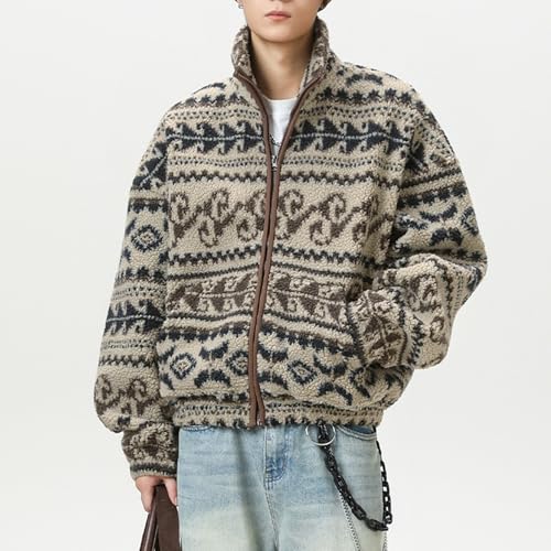 Mens Jacket Ethnic Style Jacquard Fleece Fall Winter Stand Collar Warm Coat - image 6