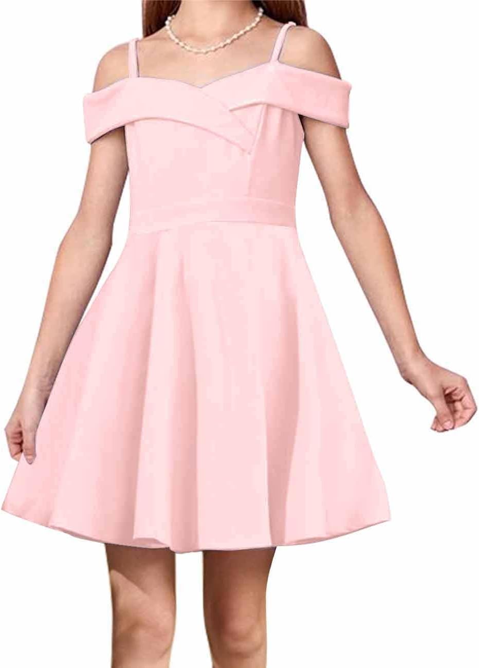 Girls Elegant Princess Cold Shoulder Fold Pleated High Waist Flared A Line Party Dresses,8-14 Years