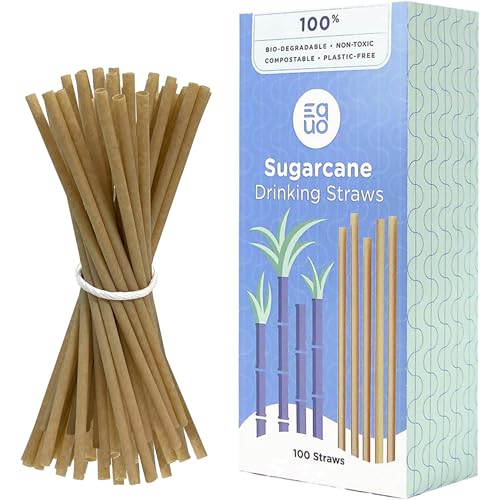 EQUO Sugarcane Drinking Straws (Pack of 100, Standard) - Plastic-free, Home-compostable, Eco-friendly Straws for Sodas, Juices, Coffee & More