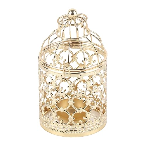 Portavelas vintage con forma de jaula de pájaros, farol, decoración de hierro para el hogar, eventos, bodas (tipo A dorado)