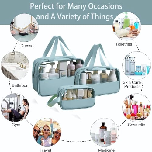 Image of KBS Toiletry Kit Cosmetic Makeup Storage Organizer Clear Styilish Wash Bag Pouch Set of 3 for Travel Luggage Transparent with Metal Zipper Gift for Men Women Girls (Blue)