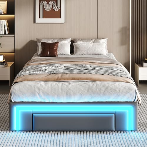 Dolamaní Polsterbett Bettgestell 90x200 cm ohne Kopfteil, PU-Leder Bett Mit LED und Schubladen, Metall Lattenrost Moderne Schlafzimmer Einzelbett (Grau) – Bild 6