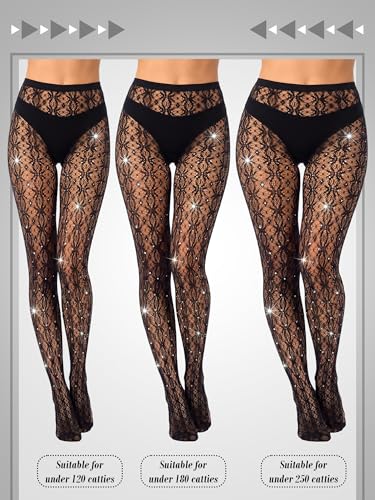 Image of Bencailor 3 Pair Halloween Rhinestone Women Fishnet Tight Legging Stocking Small Hole Pattern Black High Pantyhose Waist Lace