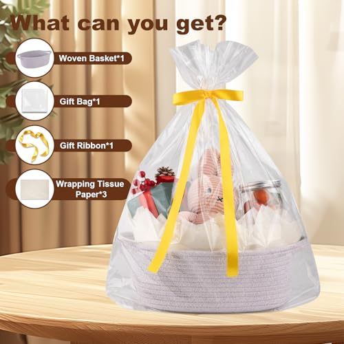 Image of OIAHOMY Gift Basket with Handle, Small Woven Basket with Gift Bag, Ribbon and Wrap Tissue Paper, Nursery Bins Empty to Fill with Small Items, Baby, Pet Toy Organizer - Purple