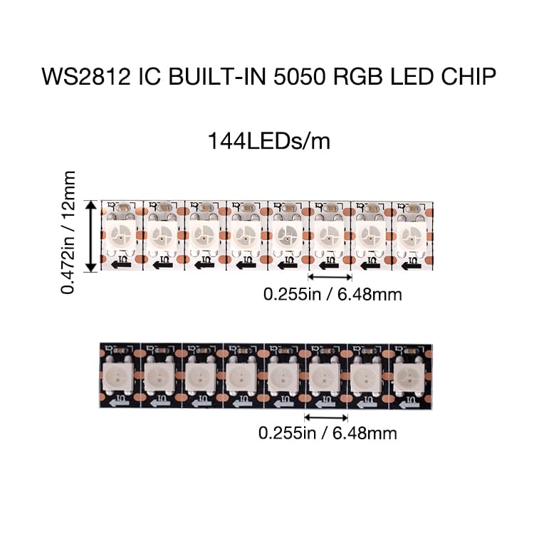 Image of WS2812B RGB LED Strip, Individually Addressable LED Strip, Chasing Effects Dream Color 5050SMD 3.2FT 144 LED Pixel Strip Rope Light DC 5V (White PCB 3.2FT 144Pixels /m IP30)