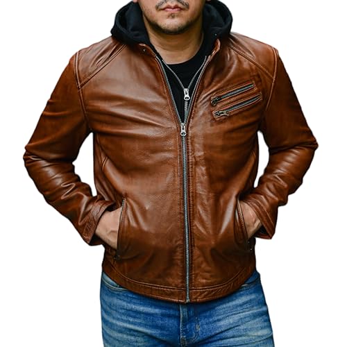 Image of Jild Hooded 2.0 Leather Jacket Men - Genuine Lambskin Leather Bomber Jacket with Removable Hood for Mens Fashion
