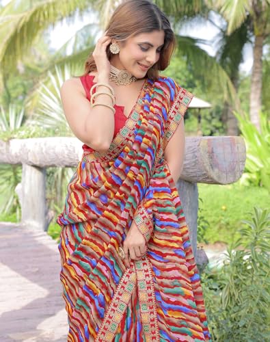 Image of Yashika women Women's Georgette Saree with Lace Border | Lightweight Laheriya Saree for Women with Unstitched Blouse Piece