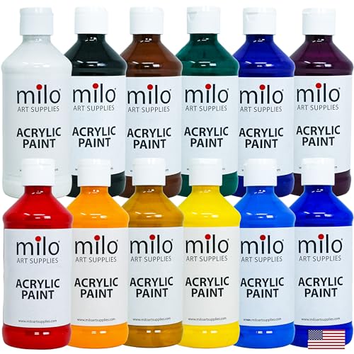 Image of milo Acrylic Paint Set, 12 Primary Colors, 8 oz Bottles, Semi-Gloss | Safe, Non-Toxic, Made in the USA, Arts & Crafts Paints for Artists, Student & Hobby Painters, Paint Pack, Classroom, Bulk