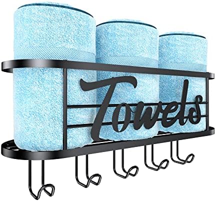 Towel Rack Wall Mounted – Rolled Towel Holder with 5 Towel Hooks, Organizer Bathtub Sheet and Hanging Towel – DELITON Black Rest room Decor Storage Collection