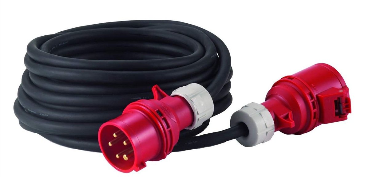 Hedi. Alargador trifásico AC 32 A de 25 m. cable de goma de neopreno 5G4,0, color negro, IP44. Con inversor de fase.