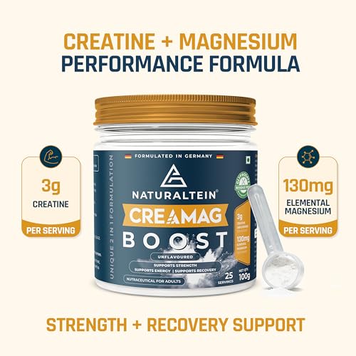 Image of Naturaltein CreaMag Boost | India's First Creatine + Magnesium Bisglycinate Formula | 3g Creatine Monohydrate & 130mg Elemental Magnesium Per Serving | Glyphosate Residue Free | Supports Strength, Energy & Recovery | Unflavoured | 100g (25 Servings)