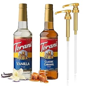 Torani Coffee Syrup Variety Pack – Vanilla and Caramel Syrup for Coffee with 2 Jimoco Syrup Pump Dispenser Compatible with Torani Syrup 25.4 Ounces for Vanilla and Caramel Flavored Coffee