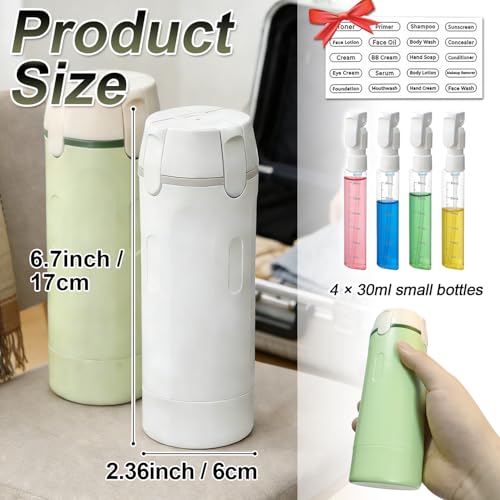 Image of 4 in 1 Travel Pump Dispenser Bottle, 30ml, 4 Pack Leakproof Pump Containers with Measuring Scale and Label Stickers, Portable Bottles for Toiletries, Shower and Travel, Green