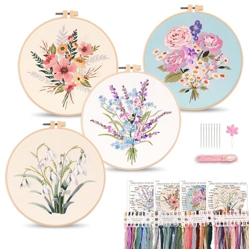 Image of Harimau Adult Beginner Embroidery Starter Kit, Complete Set with 4 Patterns, 2 Hoops, Needles, Scissors, Instruction Guide & Stitching Video Tutorials