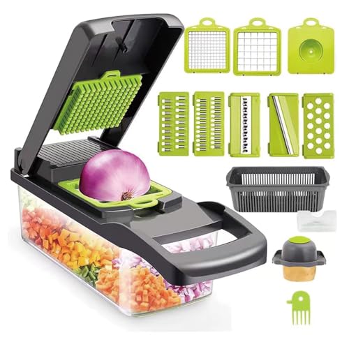 DWIRWLC Vegetable Chopper 16 in1 Multifunctional Grater Home Kitchen Essentials Utensils Set Accessories Onion Garlic Fruit Cutter Cucumber Tomato Potato Slicer (gray-green)