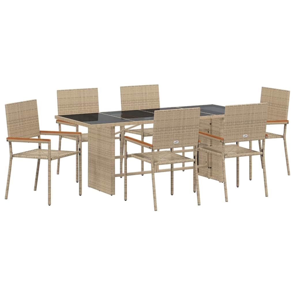 Zestaw do jadalni w ogrodzie 7 czesci Bezowy polirattany stol i krzesla tarasowe meble ogrodowe z podlokietnikami drewno akacjowe nowoczesny design 190x80x75 cm