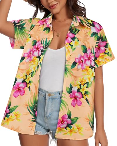 Image of Women Hawaiian Shirt Button Down Summer Tops Beach Short Sleeve Blouse