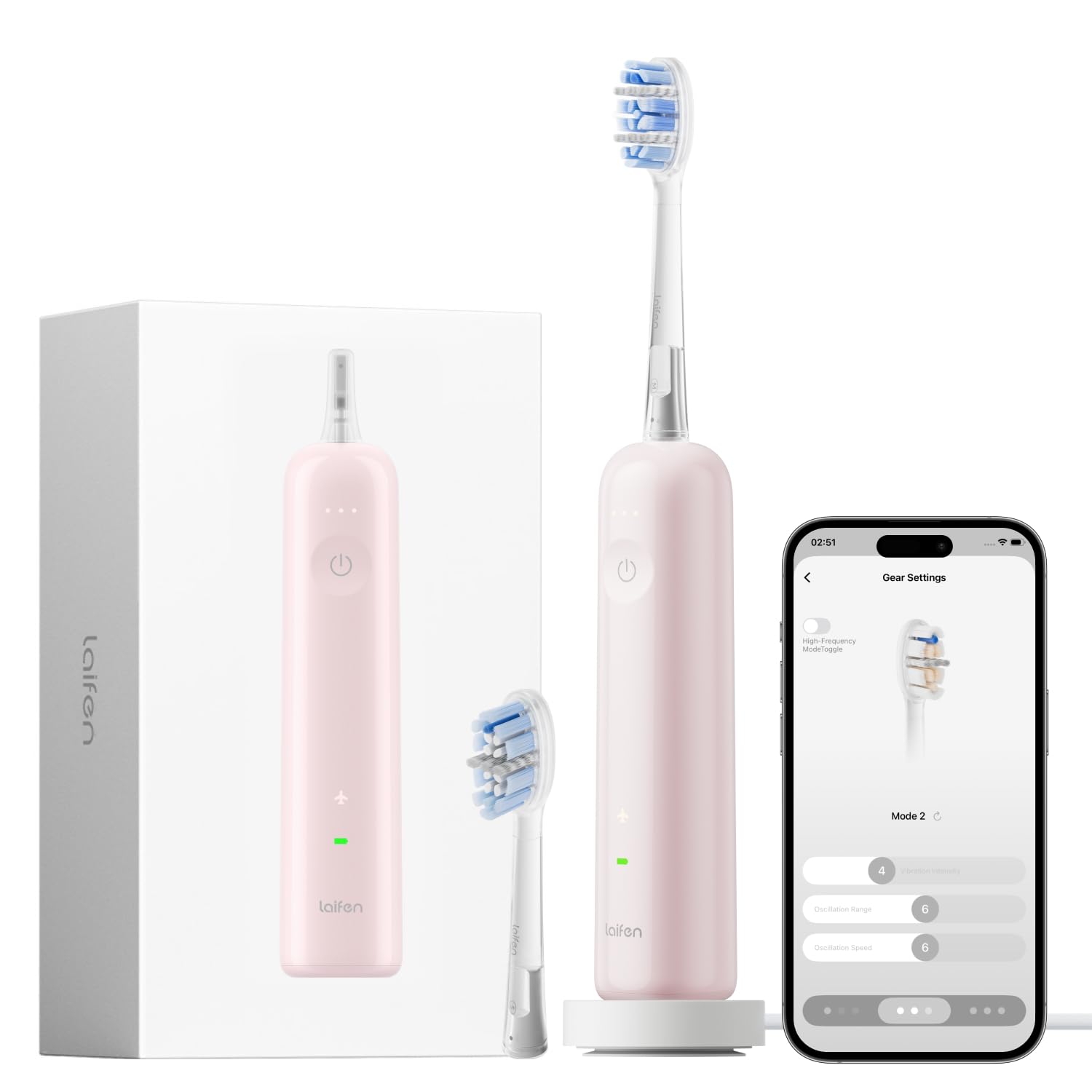 Laifen Wave Pro Sonic Electric Toothbrush for Adults – 2026 Model, 60° Oscillations for Ultra-Clean, Smart App, 70-Day Battery, 2 Brush Heads, IPX8 Waterproof (Pink ABS)