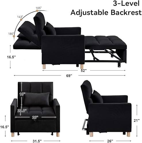 Miniatura 23 de Silla de cama, sofá cama convertible individual con almohada, cama extraíble con respaldo ajustable, silla de salón multifuncional con tela