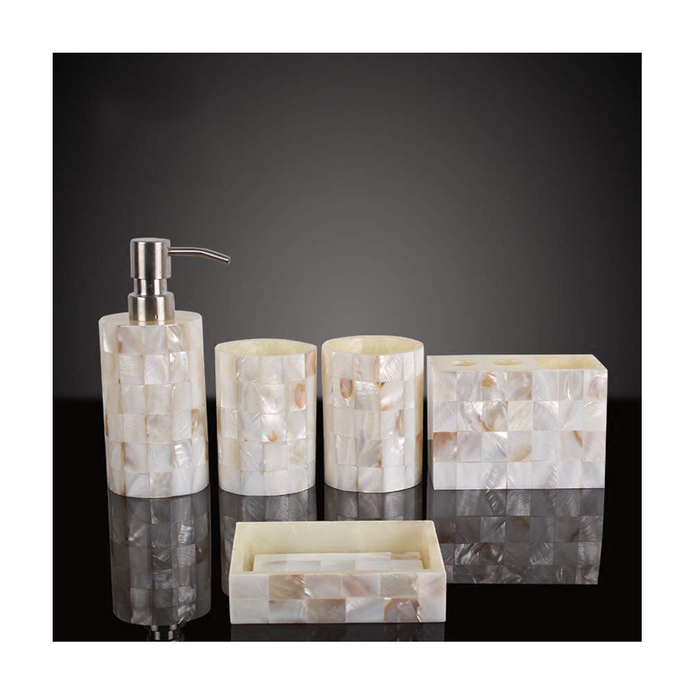 Juego de Accesorios de Baño de Resina Conjunto de Baño con Porta Cepillo de Dientes, 2 Tazas, Dispensador de Jabón Líquido, Jabonera, Concha Blanca,Without Tray