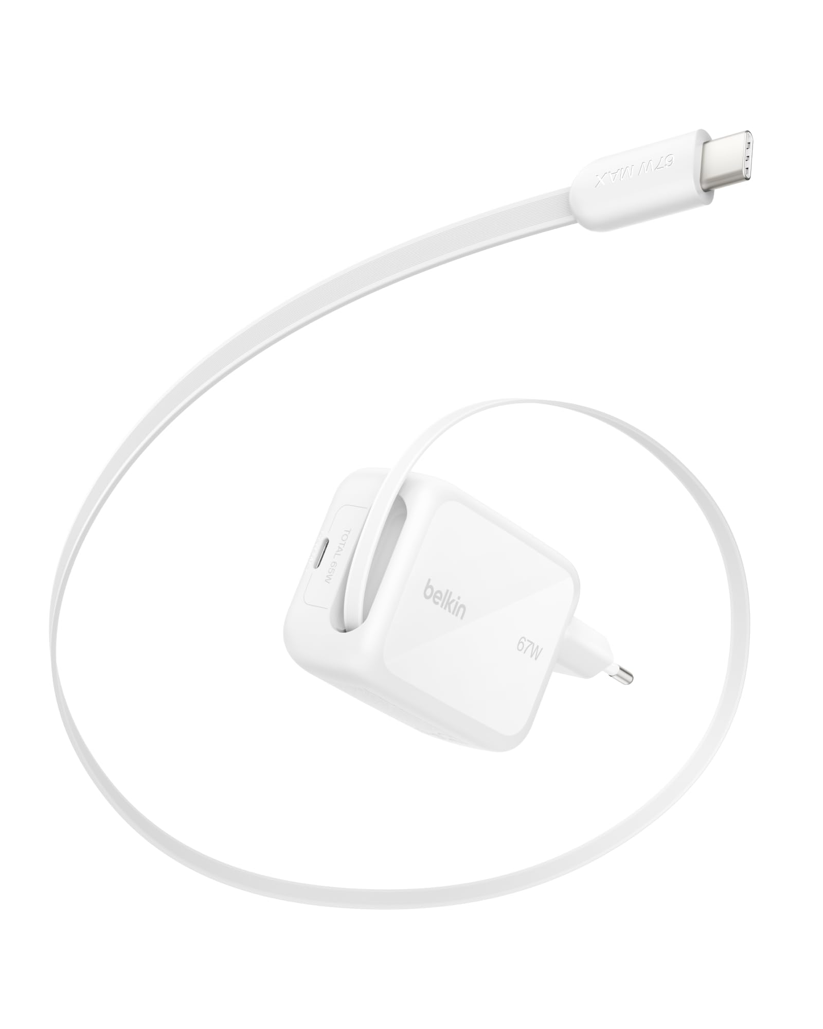 Belkin Caricabatterie USBC GaN 67W con Cavo USB-C Retrattile 1m e Porta USB C, Caricatore per iPhone, Ricarica Rapida per iPhone 17, 16 Series, Galaxy S26 Series, AirPods, Tablet, MacBook e Chromebook