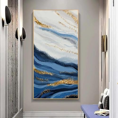 Peinture de luxe abstraite bleue et dorée pour décoration de salon moderne