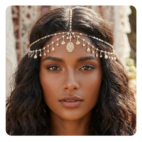 Nogeqi Gold Head Chain Shells Rhinestone Egyptian Headpiece Gold Genie Head Jewelry for Women Girls Goddess Boho Headpiece Egyptian Hair Accessories for Festival Prom Wedding