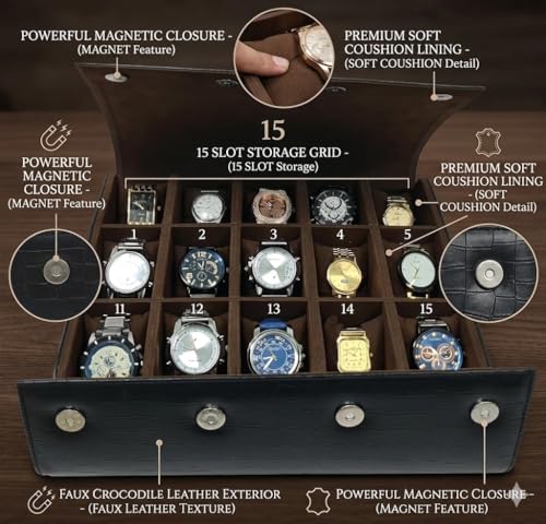 Image of essart Luxury Watch Storage Case - Premium Leather Organizer Box for Exclusive Timepieces, Elegant Display & Protection for Collectors (WR-101-XV-Black)