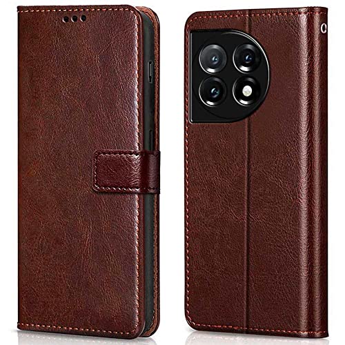 Image of WOW IMAGINE Shock Proof Flip Cover Back Case Cover for 1+ OnePlus 11R 5G (Flexible | Leather Finish | Card Pockets Wallet & Stand | Chestnut Brown)