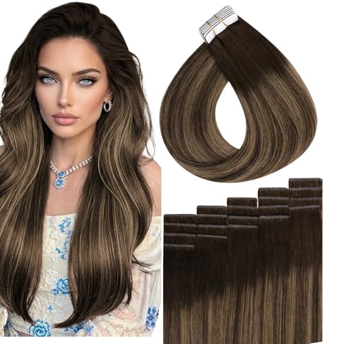 Image of Full Shine Hand Tied Invisible Tape in Hair Extensions,Remy Human Hair,2 /8 /2 Dark Brown to Ash Brown Balayage,40g 20Pcs 14 Inch,Seamless Skin Weft Tape in Extensions for Party and Night Out
