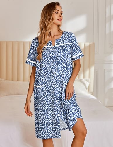 Image of Ekouaer Nightgowns for Women House Dress with Pockets Snap Front House Coat Short Sleeve Duster Moo Moos Sleepwear S-3XL