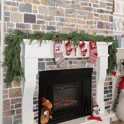 2 Pcs 6 Feet Pre-Lit Artificial Christmas Garland with Lights- Battery Operated Christmas Decorations-Garland for Table,Mantle,Fireplace,Wall,Indoor Outdoor -Real Touch Norfolk Pine Garland-Home Decor