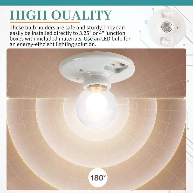 LUCKY STAR E26 Porcelain Socket Base 660W 250V Medium Base E26 Lampholder, 2 Terminals, Porcelain, White (1 Pack)