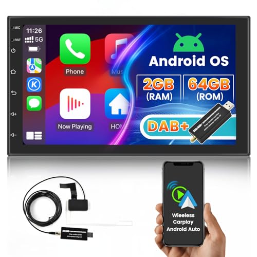 Hikity DAB/DAB+ Double Din Android Car Stereo with Wireless Apple Carplay Android Auto, 2GB+64GB, 7 Inch Touch Screen Car Radio Support Bluetooth Hands Free GPS WiFi SWC HiFi Sound DAB FM RDS Radio