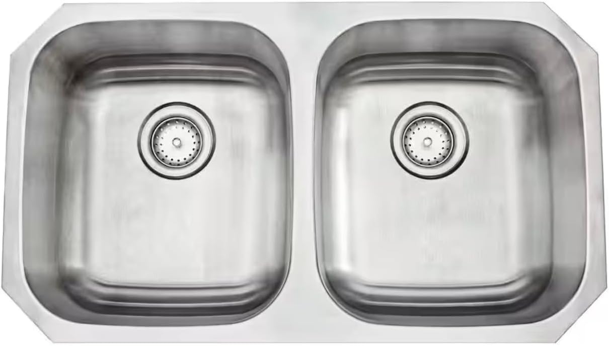 LS-88-7 Builder 32 in. Undermount Double Bowl 18 Gauge Stainless Steel Kitchen Sink with Strainer verall Dimensions: 32.25" x 18.5" x 7.5" Inside Dimensions: 30.25" x 16.5" x 7" Drain Size: 3.5"