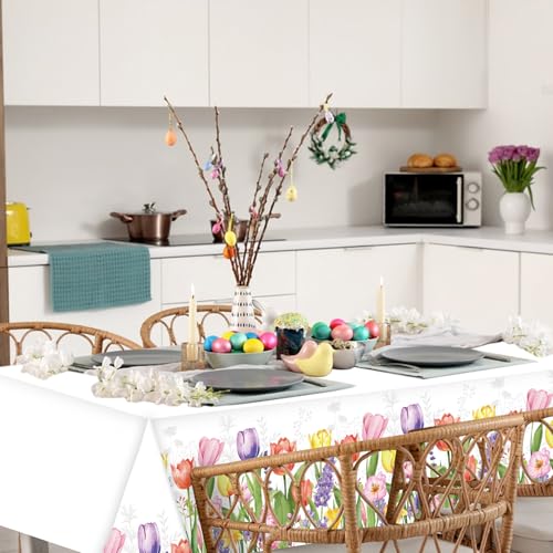Image of Gistome 3-Piece 54 x 108 Inch Spring Floral Plastic Tablecloth - Colorful Wildflower and Tulip Border Disposable Table Covers for Garden Parties, Baby Showers, Picnics, and Spring Celebrations