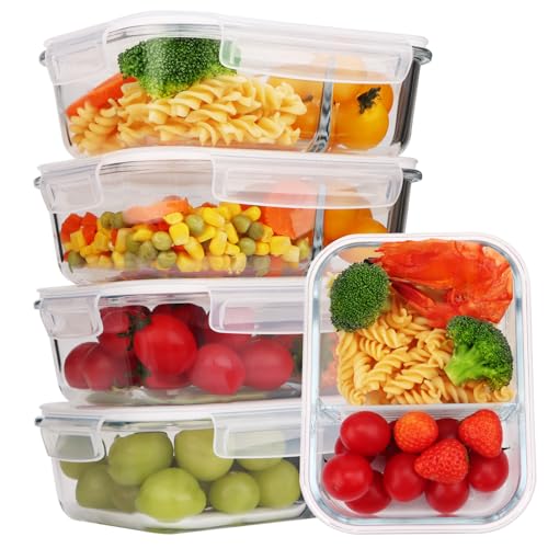 Forhaodejia 5 recipientes de vidrio de 35 onzas para almacenamiento de alimentos, 2 compartimentos de vidrio Bento, recipientes reutilizables para preparación de comidas, recipientes de vidrio para