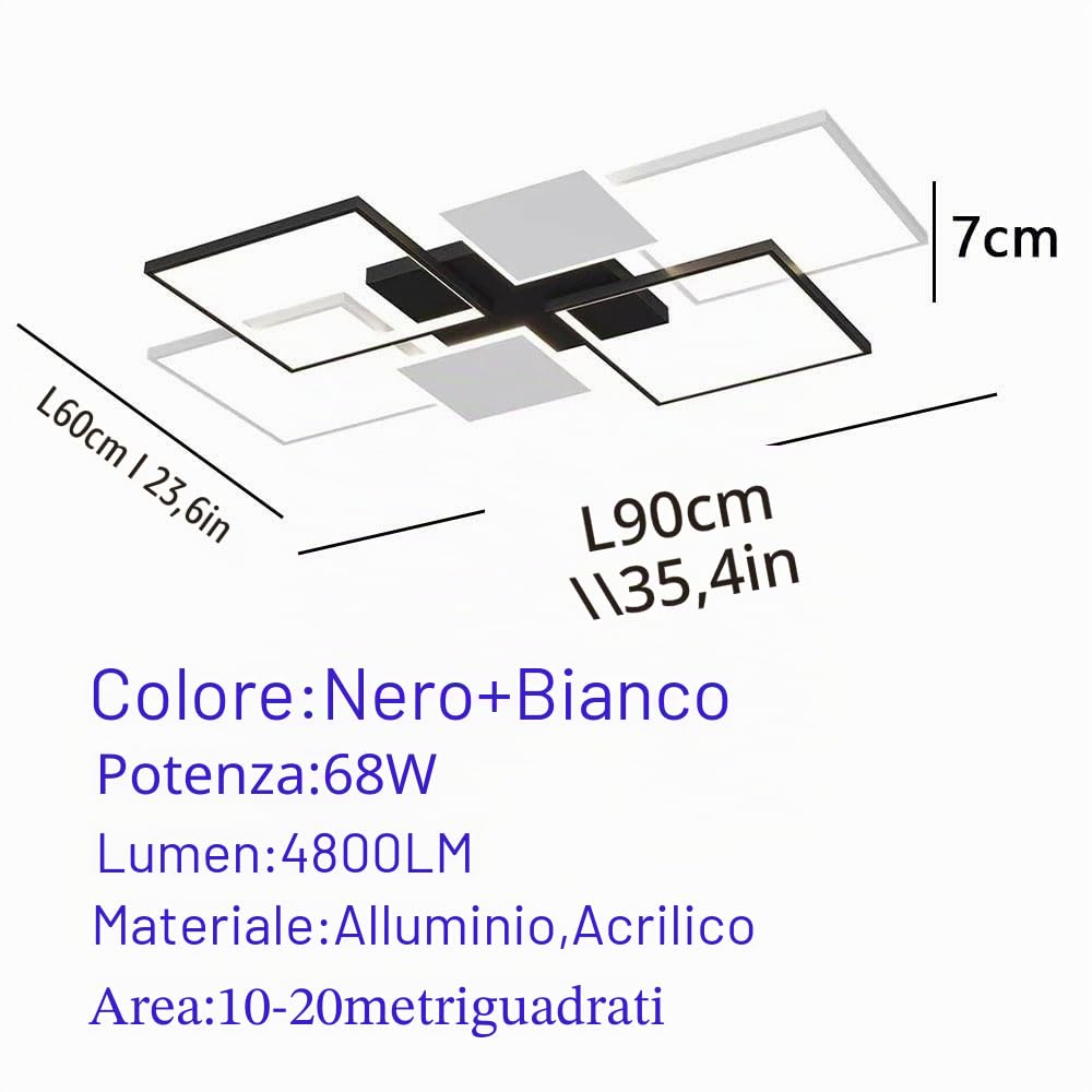LIUYU Lampadari LED Soffitto Rettangolare Dimmerabile 90x60cm Nero-Bianco | Lampadario soggiorno led con telecomando 68W luce regolabile 3000K-6500K Alluminio Acrilico per Soggiorno Camera da Letto