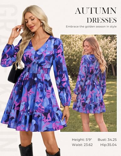 GRACE KARIN Summer Floral Mini Dress 2026 Fall Long Sleeve Wedding Guest Dress A Line Flowy Boho Short Dresses with Pockets Blue Pink Floral M — view 3