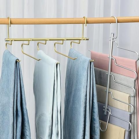 Gold Aluminum Alloy Magic Pants Hangers Space Saving Closet Hangers 5 Layers 4 Uses Multi Functional Pants Rack Heavy Duty Wardrobe Organizer Racks for Jeans, Suit Pants， Towel (2 Pack) Cover