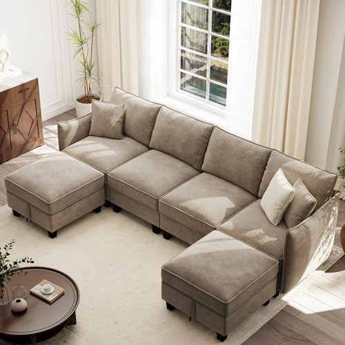 Image of Ihanherry 112 inch Modular U-Shaped Sectional Sofa, Modern 6-Seat Cloud Couch with 2 Storage Ottomans, Comfy Chenille Convertible Furniture Set for Living Room, Apartment, Easy Assembly, Brown