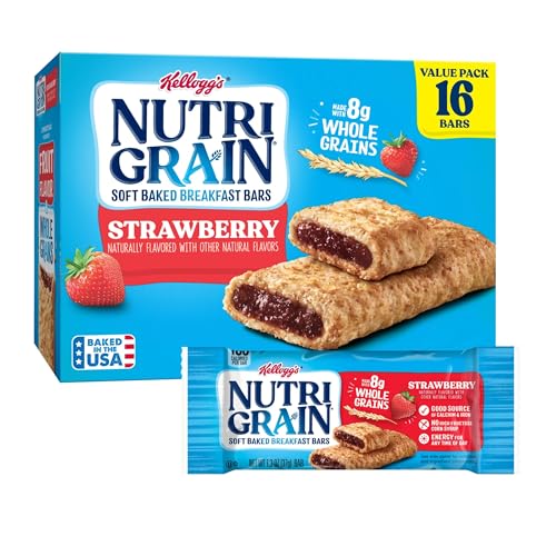 Nutri-Grain Soft Baked Breakfast Bars, Made with Whole Grains, Kids Snacks, Value Pack, Strawberry, 20.8oz Box (16 Bars)